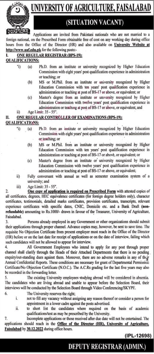 University of Agriculture Faisalabad Jobs December 2022 