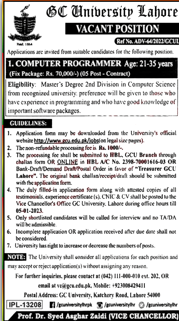 Latest GC University Lahore Jobs 2022