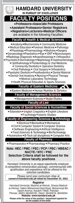Latest Hamdard University Karachi Jobs 2022 