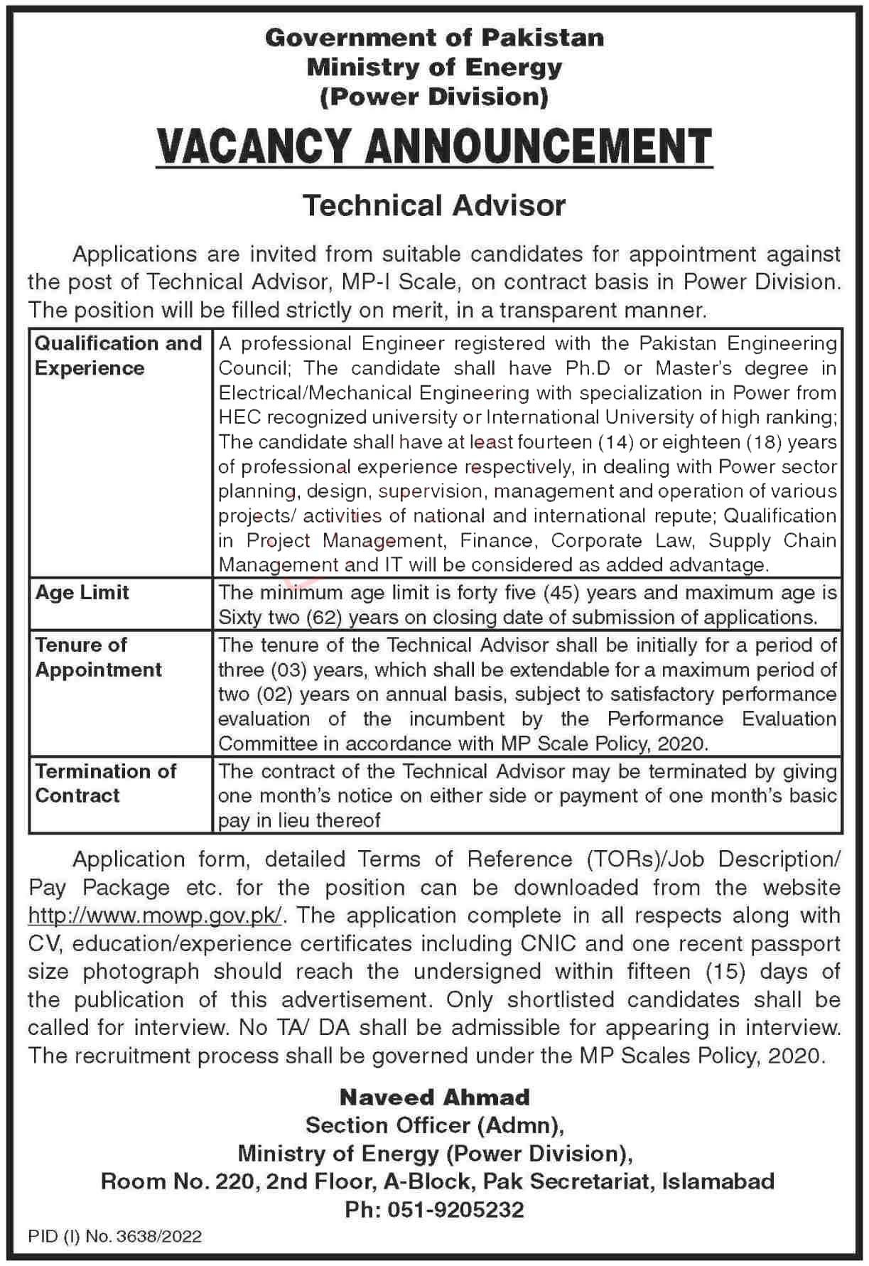 Ministry of Energy Power Division Jobs December 2022 