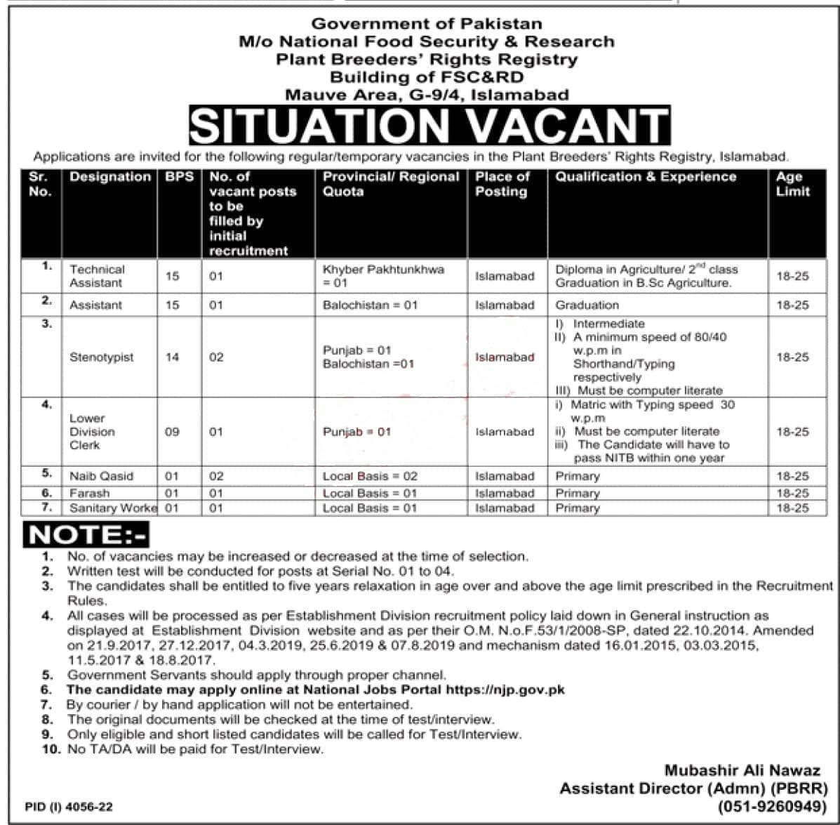 Latest Ministry of National Food Security and Research MNFSR Jobs 2023