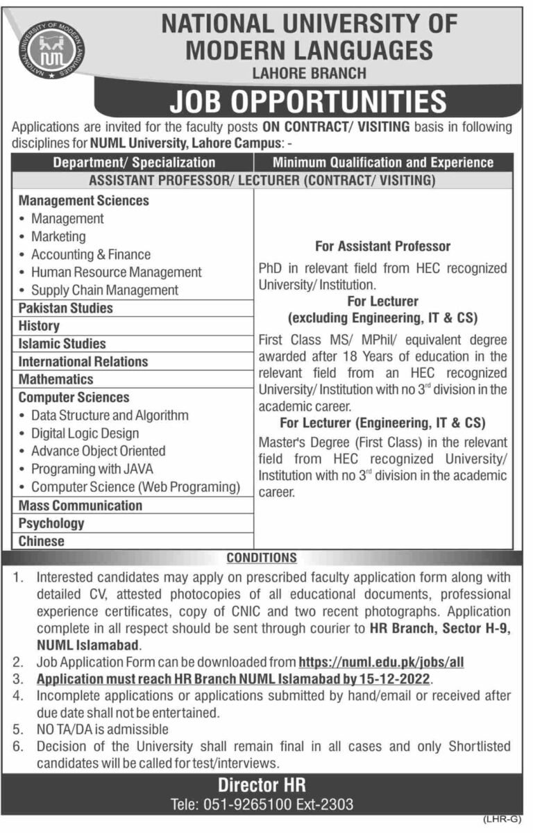 NUML University Lahore Campus Jobs December 2022
