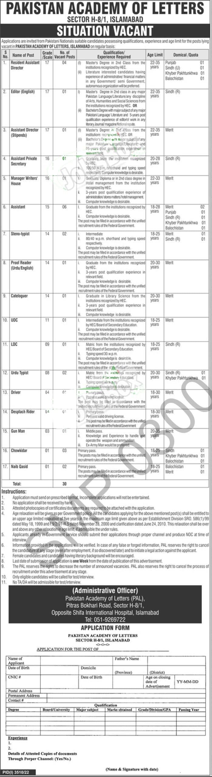 Latest Pakistan Academy of Letters PAL jobs 2022 -23
