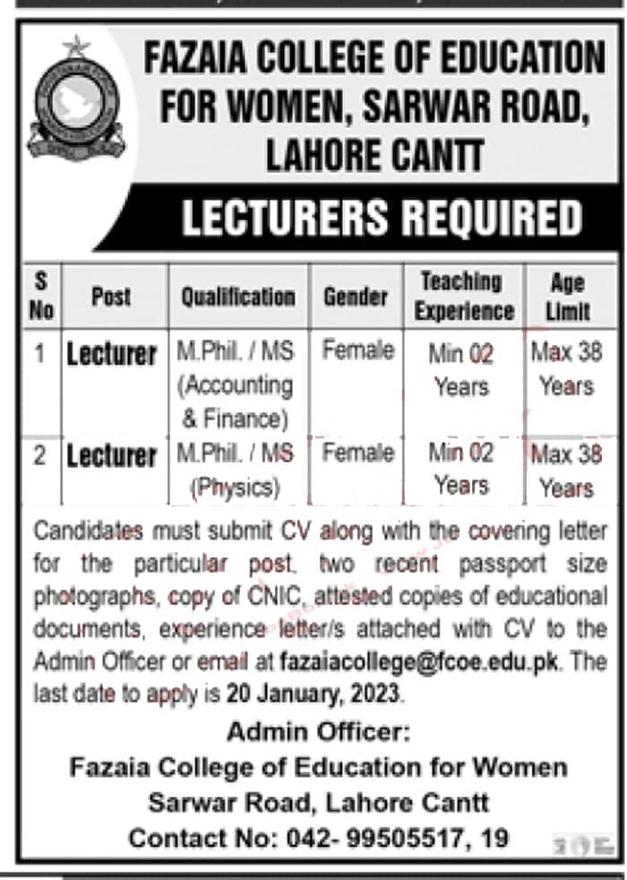 Fazaia College of Education for Women Lahore Cantt Jobs 2023 