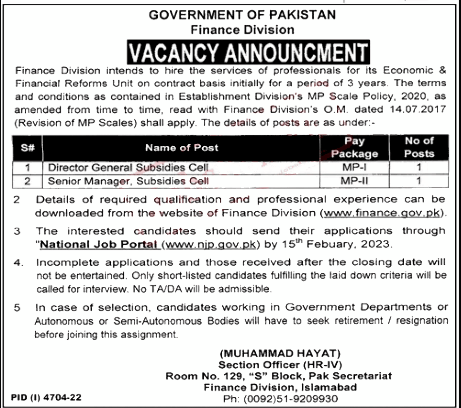 Finance Division Government of Pakistan jobs 2023 |Online Application