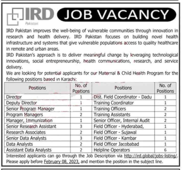 IRD Pakistan jobs 2023 for Material and Child Health Program