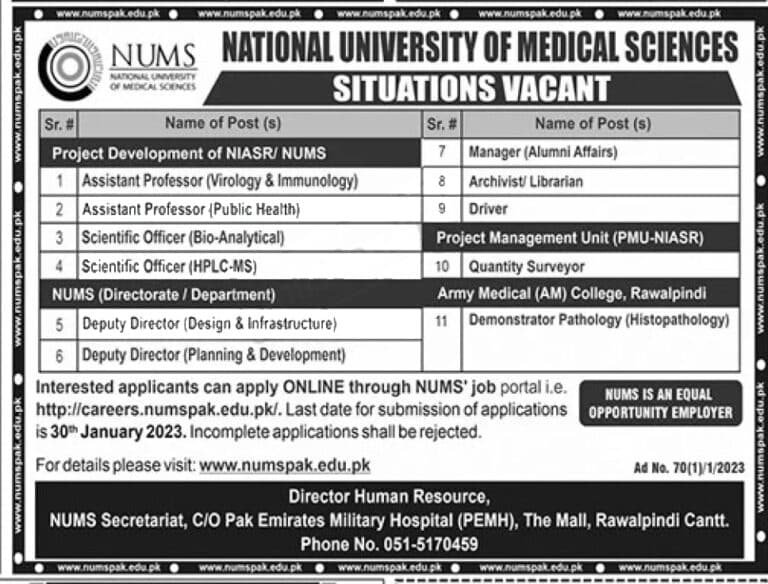National University of Medical Sciences NUMS Jobs 2023 | Fill Online Form