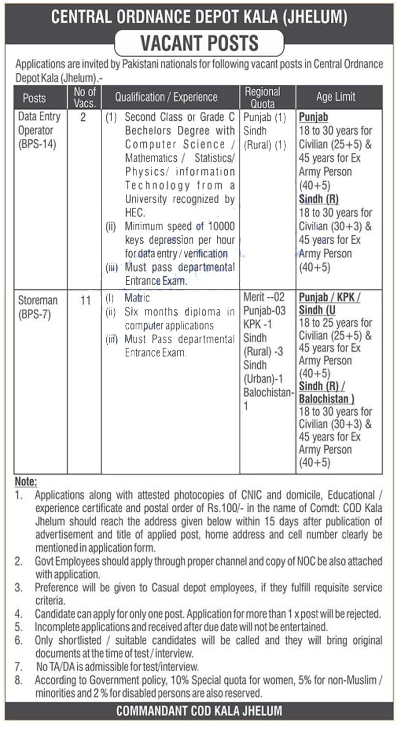 Pakistan Army Central Ordnance Depot COD Kala Jhelum Jobs 2023 