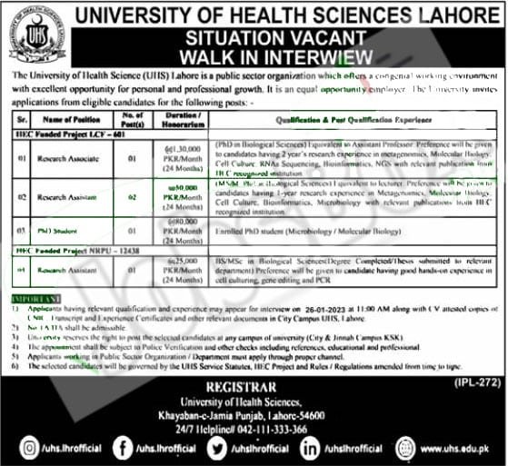 Latest University of Health Sciences UHS Lahore jobs 2023 