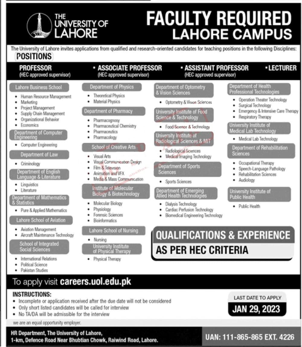 University of Lahore Jobs 2023 | UOL Recruitment Send Online CVs