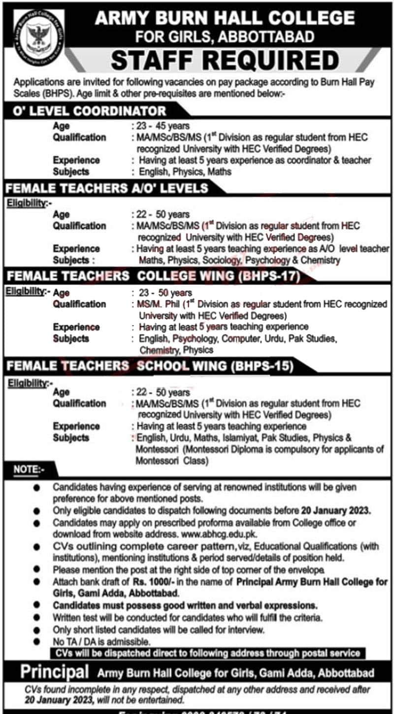 Latest Army Burn Hall College For Girls Abbottabad Jobs 2023 