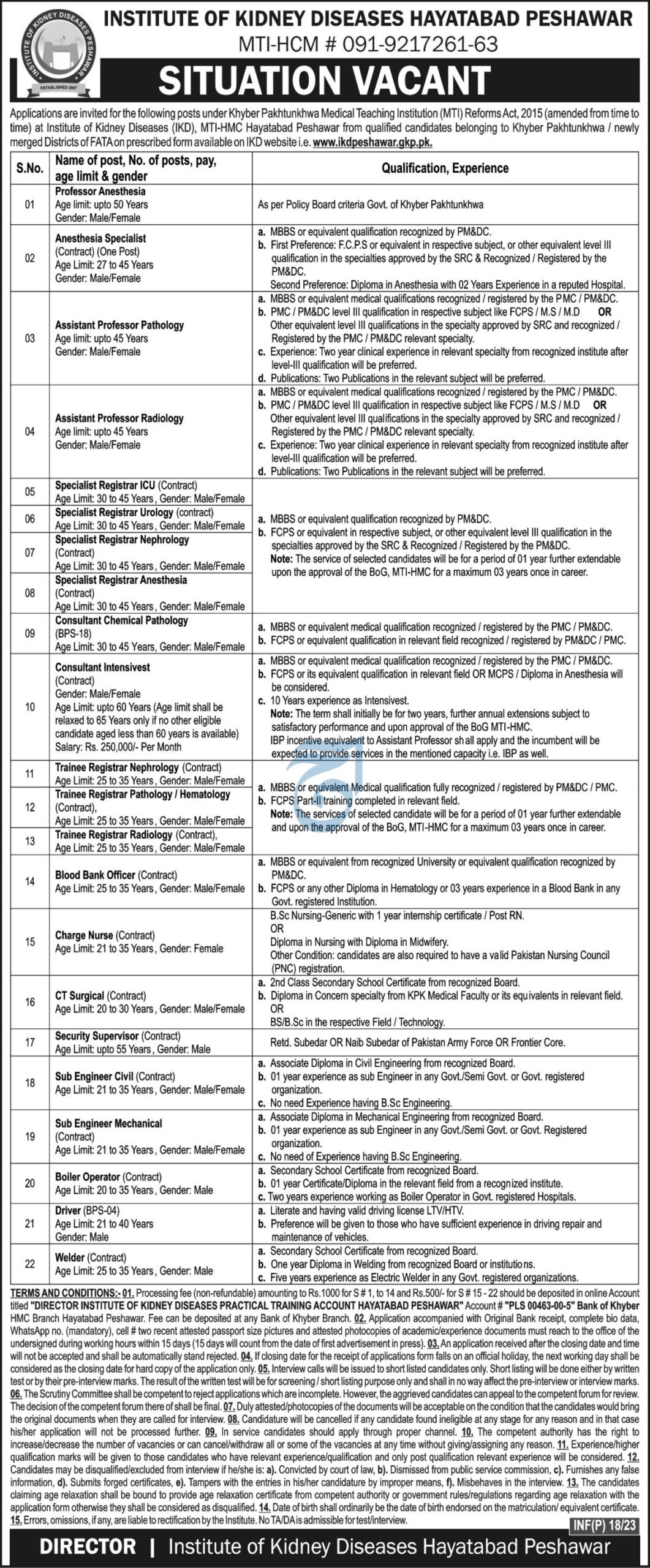 Institute of Kidney Diseases Hayatabad Peshawar Jobs 2023