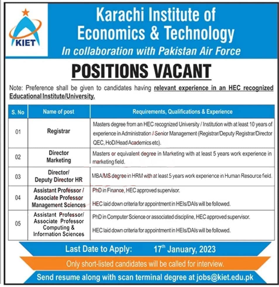 Karachi Institute of Economics and Technology KIET Jobs 2023