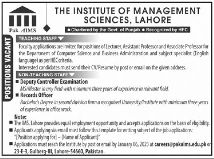 Latest Institute of Management Sciences Lahore jobs 2023