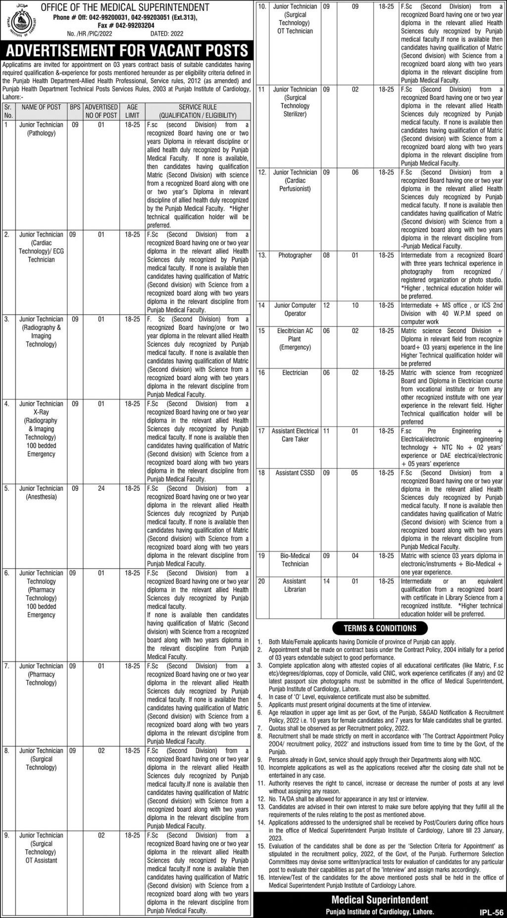 Latest Punjab Institute of Cardiology Jobs 2023 