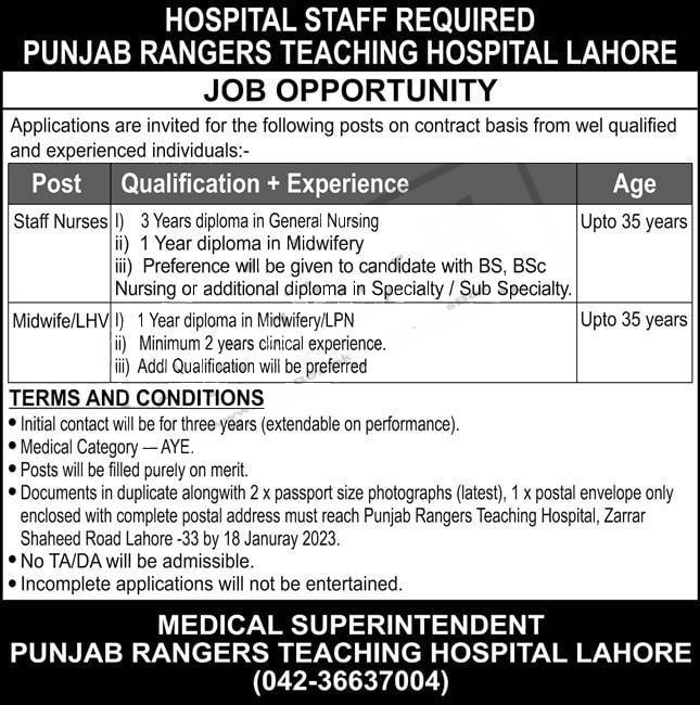 Today Pakistan Rangers Teaching Hospital Lahore jobs 2023 