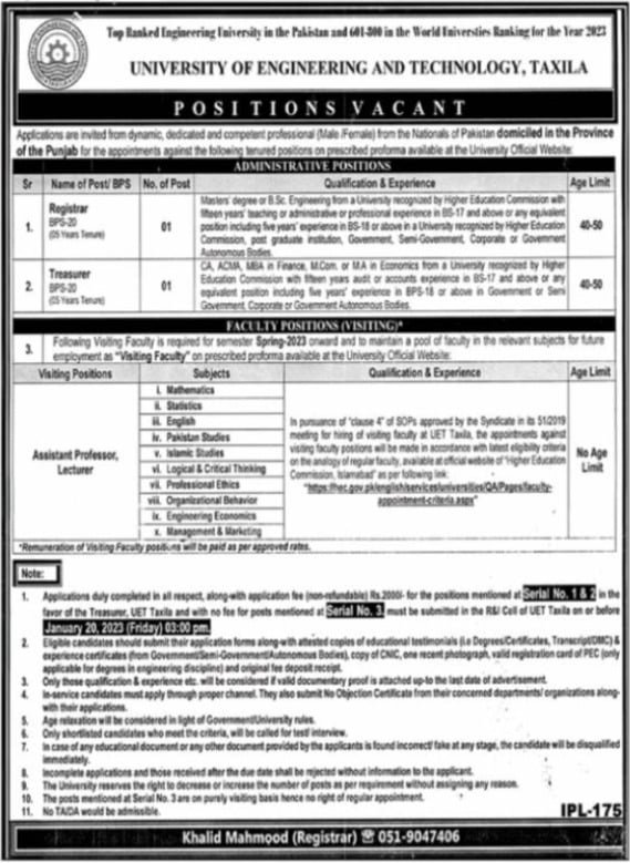 Latest University of Engineering and Technology UET Taxila jobs 2023