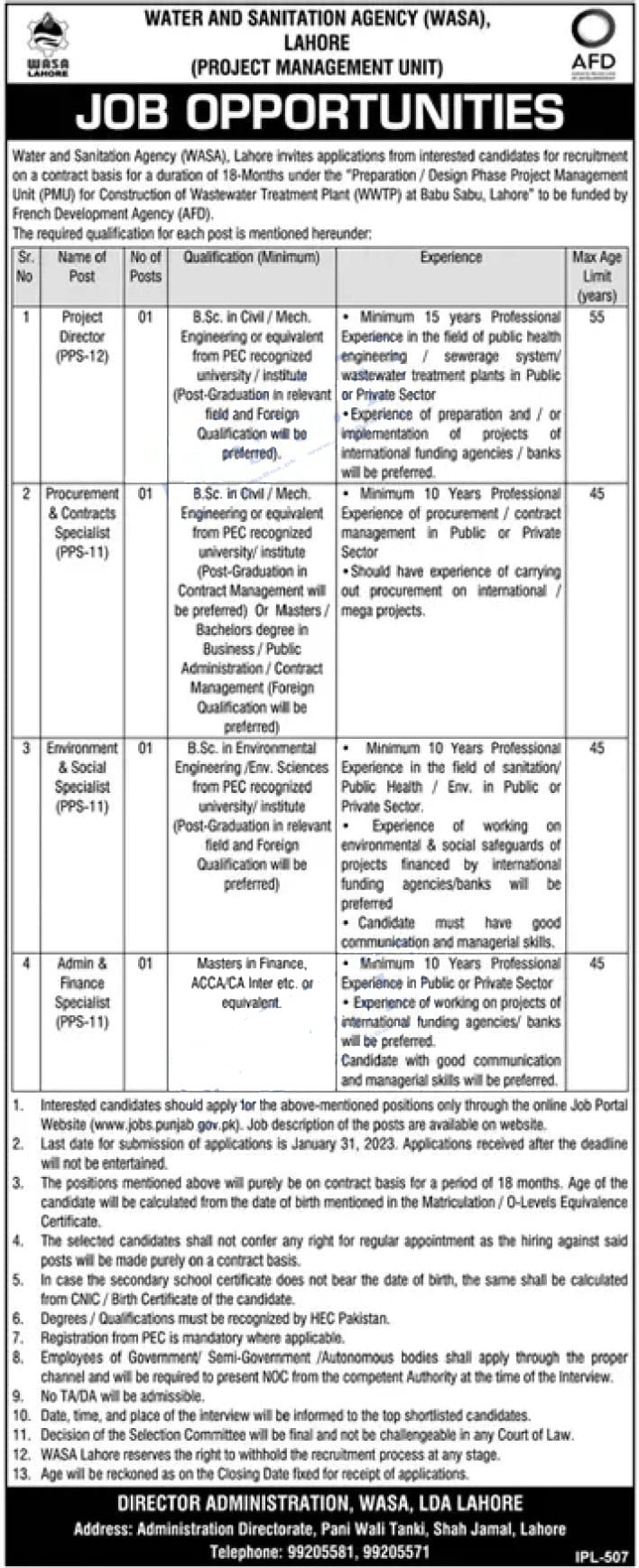 Water and Sanitation Agency WASA Lahore jobs 2023 