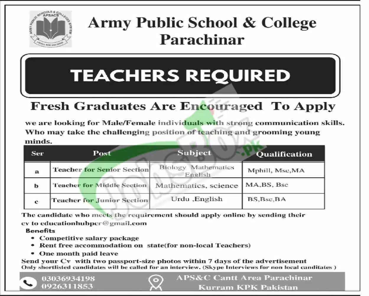 Army Public School and College APS Parachinar Jobs 2023 