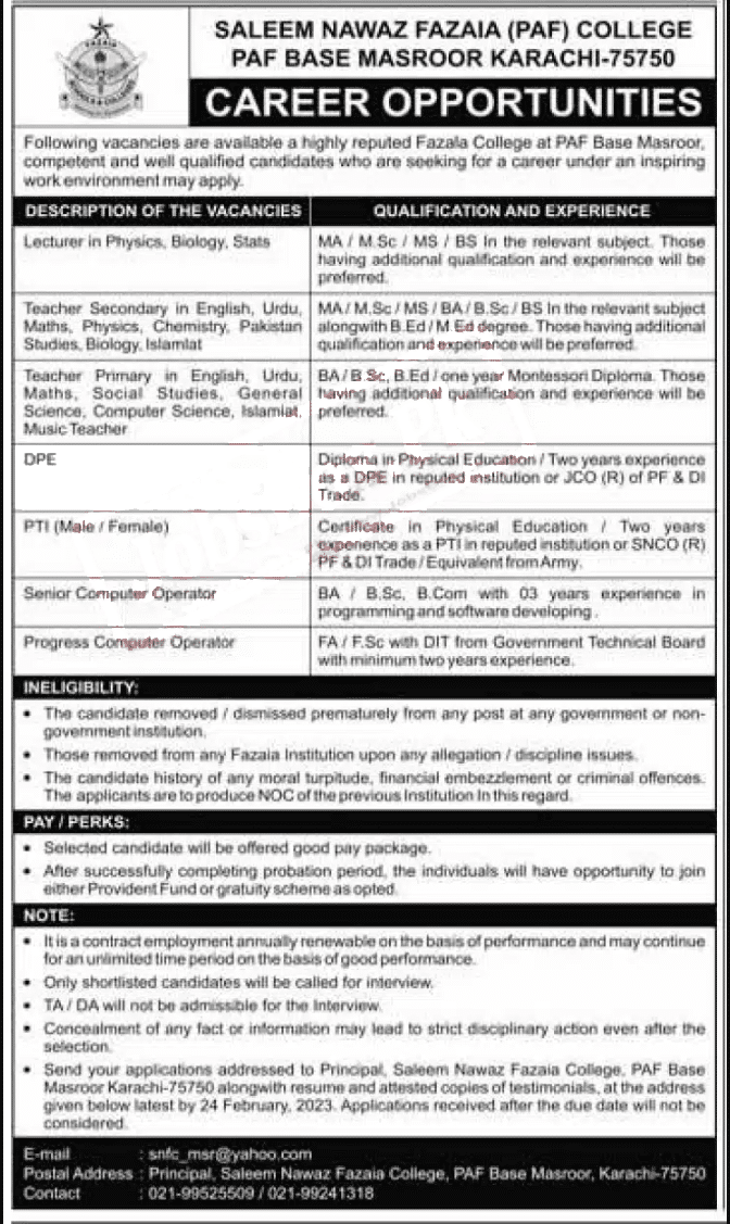 Fazaia (PAF) College Karachi jobs 2023