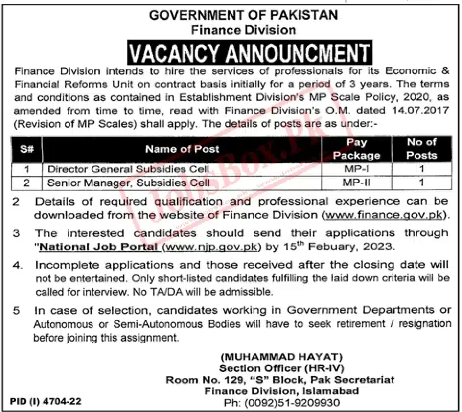 Finance Division Government of Pakistan Jobs 2023 2