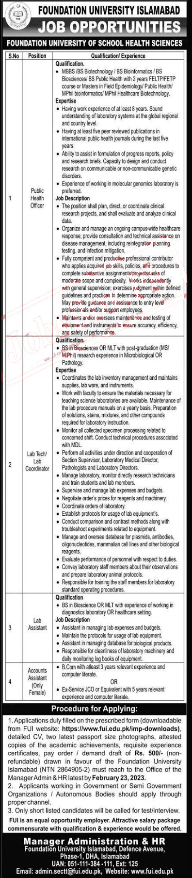 Foundation University Islamabad FUI jobs 2023