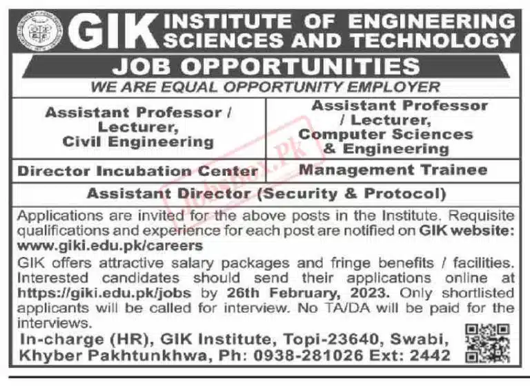 GIK Institute of Engineering Science and Technology Jobs 2023
