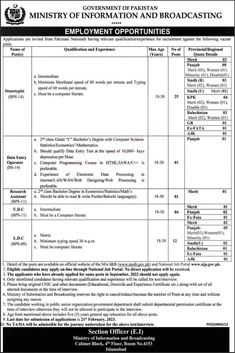 Information and Broadcasting of Ministry MOIB Jobs 2023