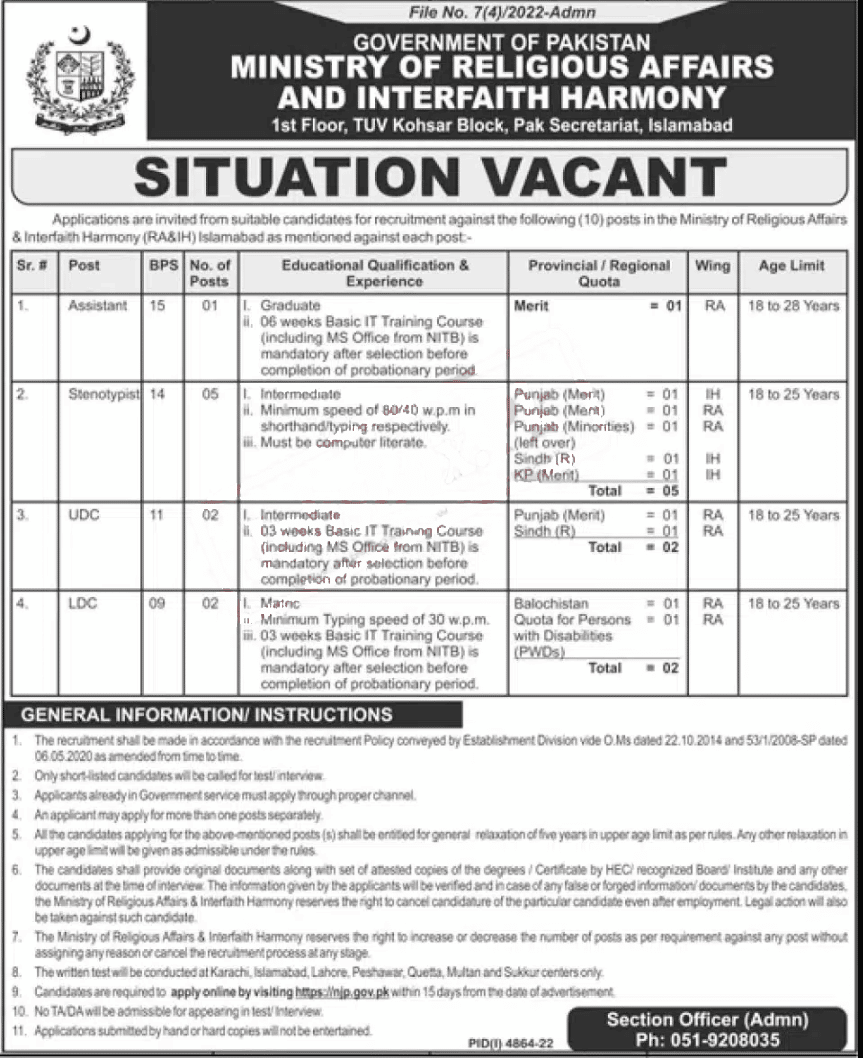 Ministry of Religious Affairs and Interfaith Harmony Jobs 2023 – Submit Online Application