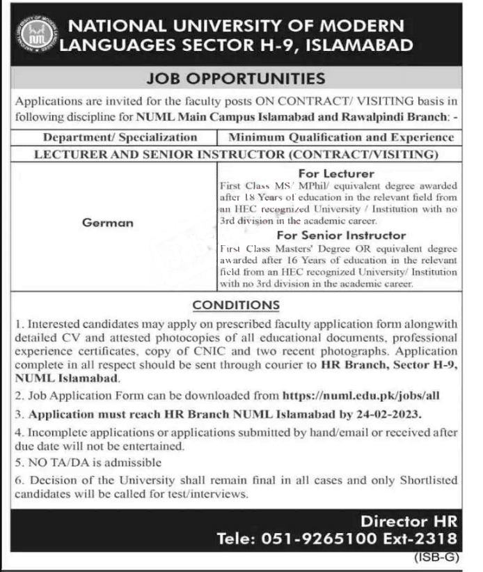 NUML Rawalpindi Branch Jobs 2023 – Download Application Form
