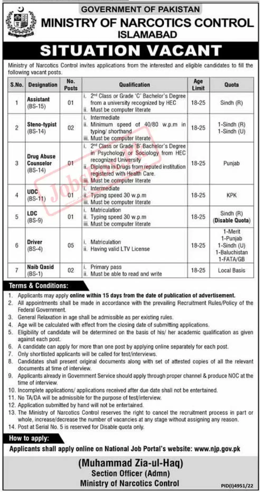 Narcotics Control Ministry Jobs 2023 – Submit Application Form