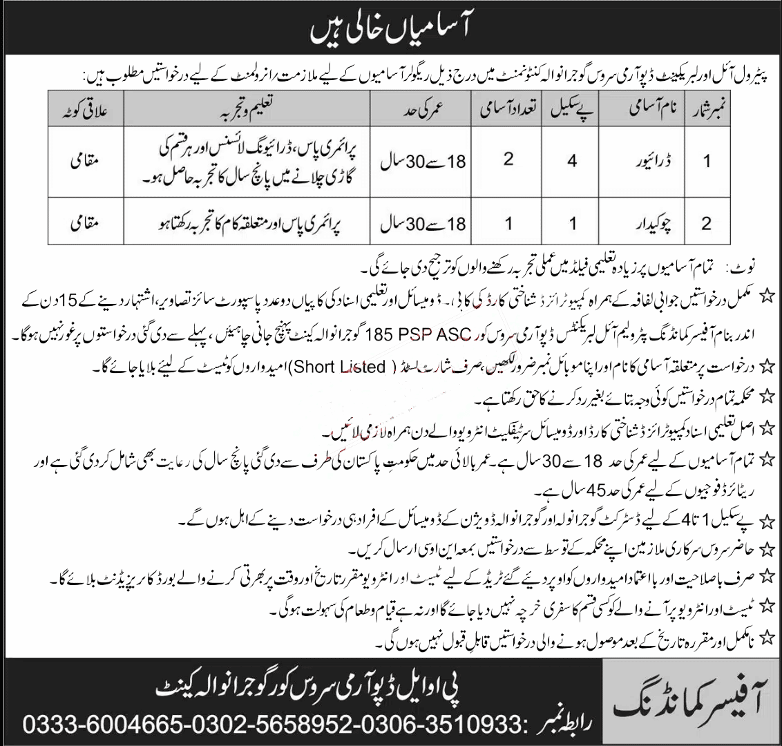 Petroleum Oil Lubricants POL Depot Army Services Corps ASC Gujranwala Jobs 2023 