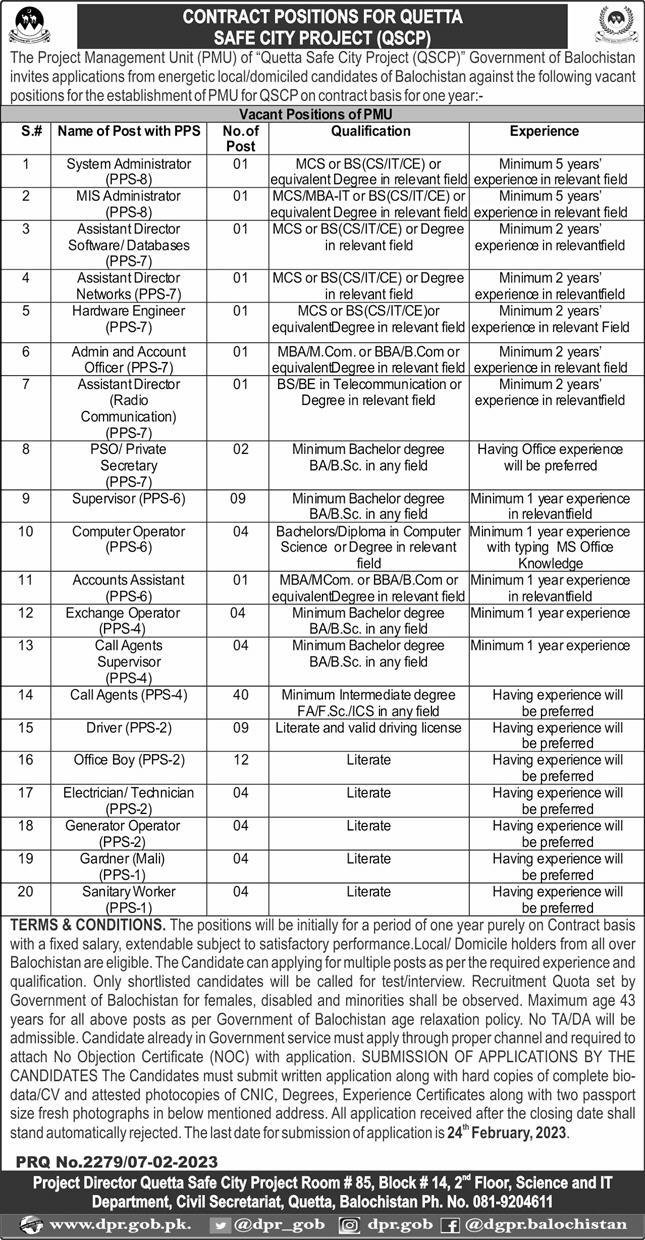Quetta Safe City Project Jobs 2023 – Submit Application 