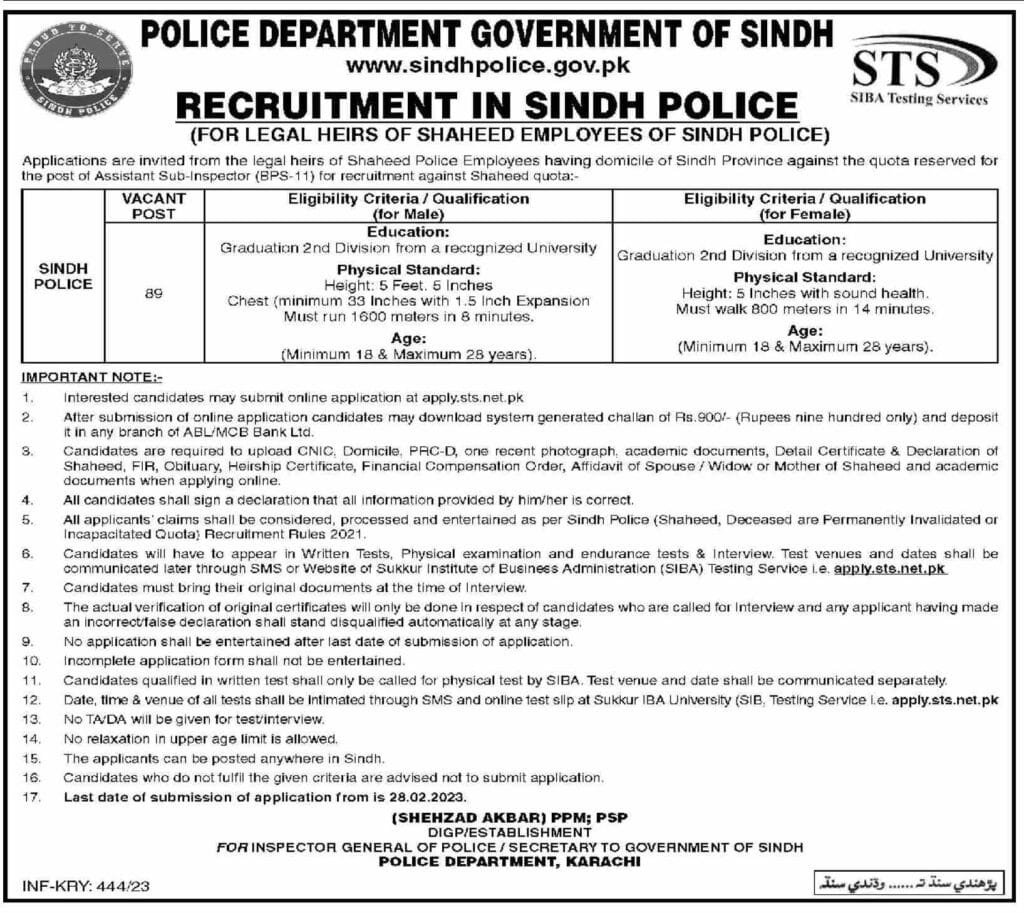 Sindh Police jobs 2023