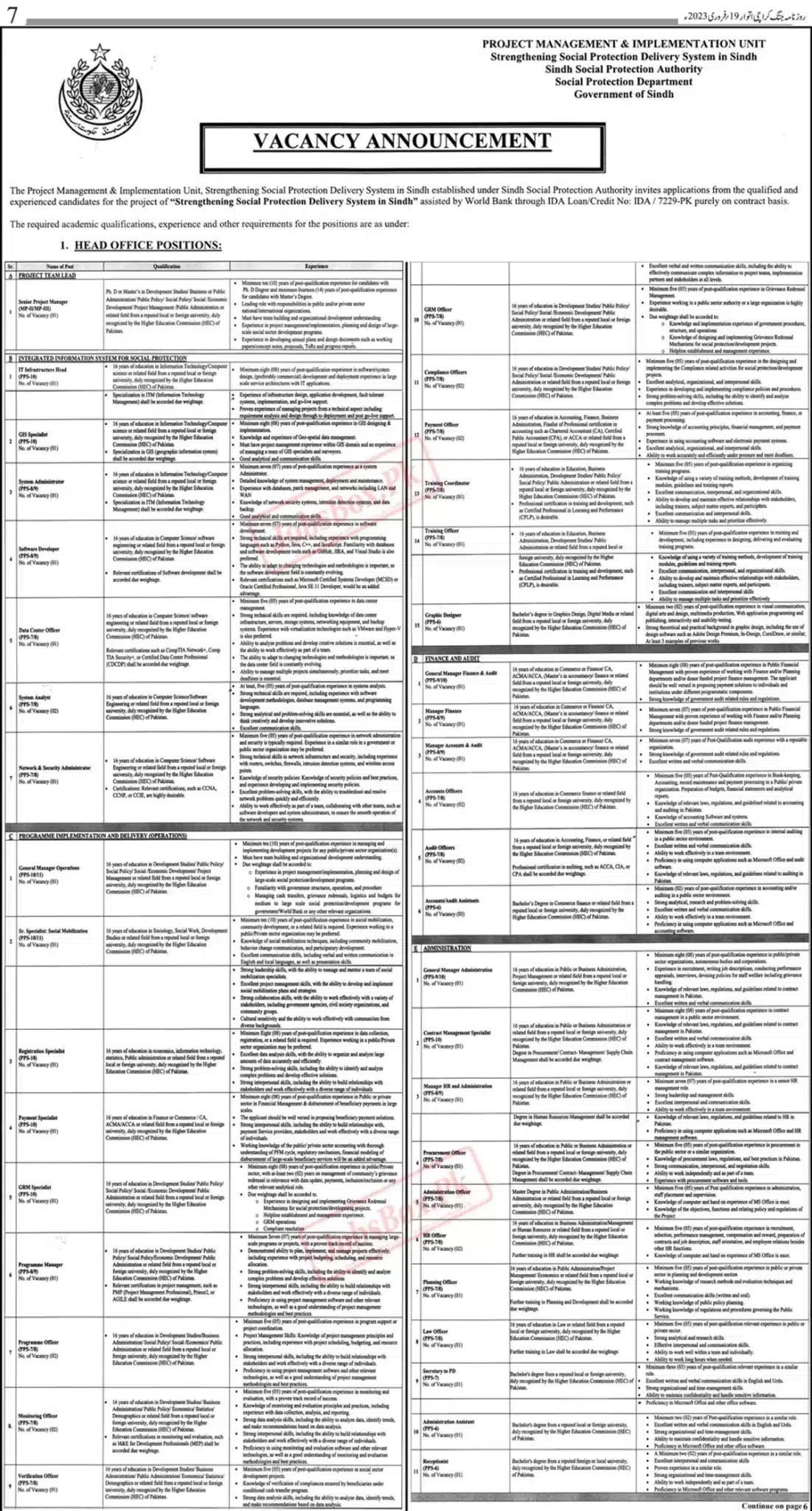Social Protection Department Sindh jobs 2023