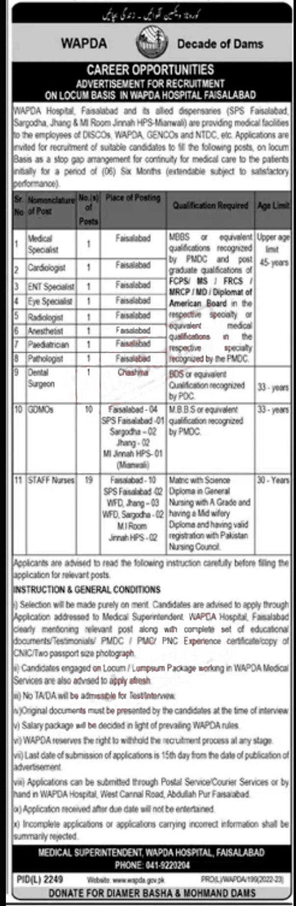 WAPDA Hospital Faisalabad Jobs 2023 – Downlaod Application Form