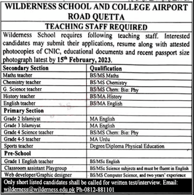 Latest Wilderness School and College Quetta Jobs 2023 