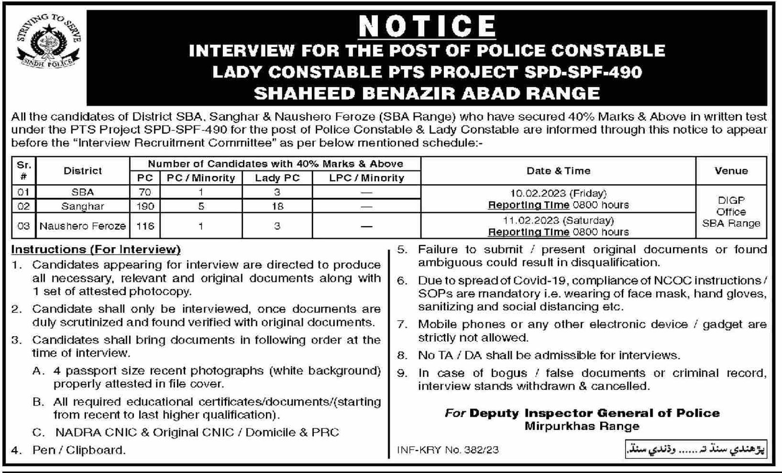 Sindh Police Constable and Lady Constable jobs Interview