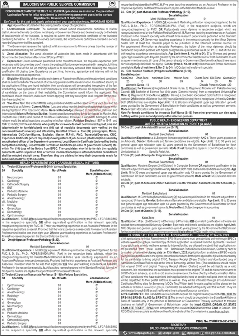 BPSC Jobs 2023 Advertisement No. 04 / 2023 – www.bpsc.gob.pk
