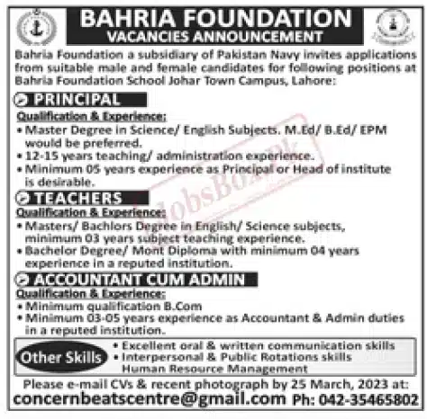 Bahria Foundation School Lahore Jobs 2023 – Send Online CVs