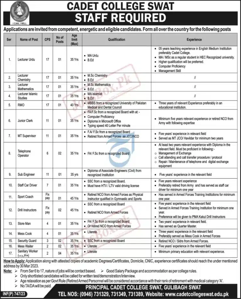 Cadet College Swat Jobs 2023 for Teaching and Non-Teaching Staff