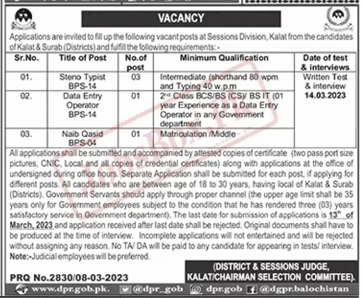 District and Session Courts Kalat Jobs 2023 – Apply Procedure 