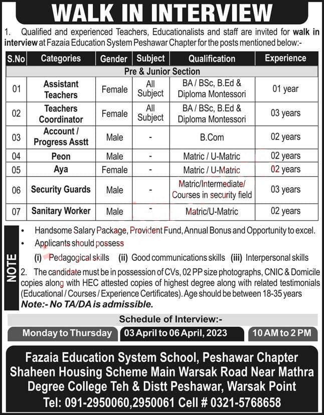 Fazaia Education System School Peshawar jobs 2023 
