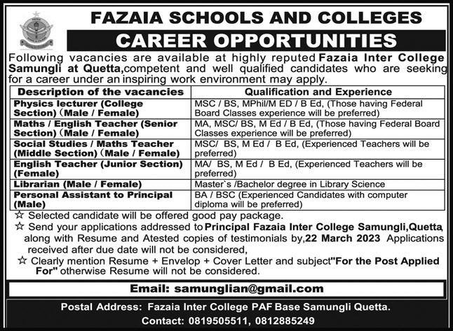 Latest Fazaia School and College Jobs 2023 Advertisement