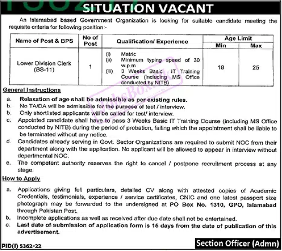 Federal Government Organization Islamabad jobs 2023 