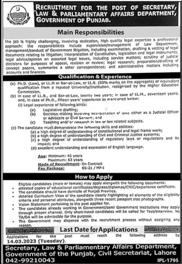 Law and Parliamentary Affairs Department Punjab Jobs 2023 