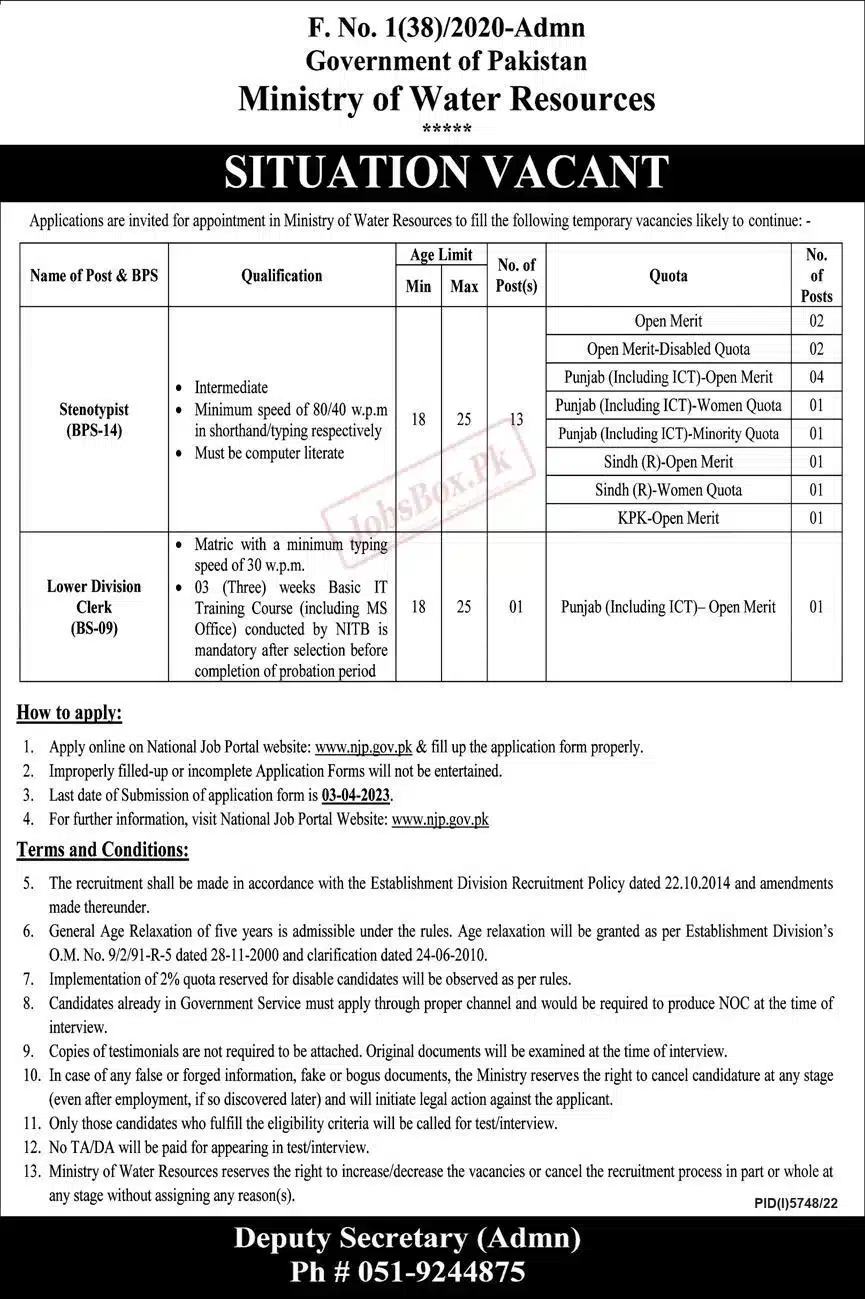 Ministry of Water Resources MOWR Jobs 2023 – Online Application Form