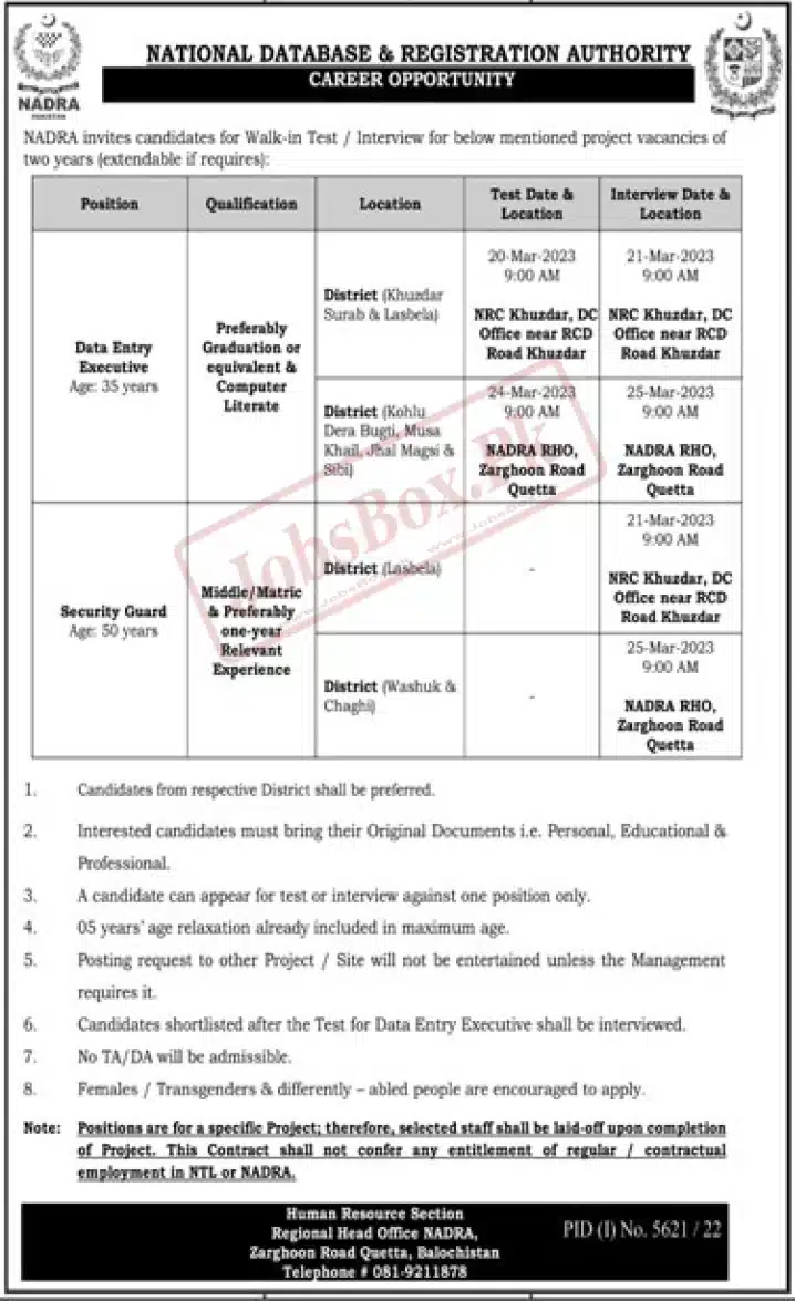 NADRA Regional Head Office Quetta Jobs 2023 2