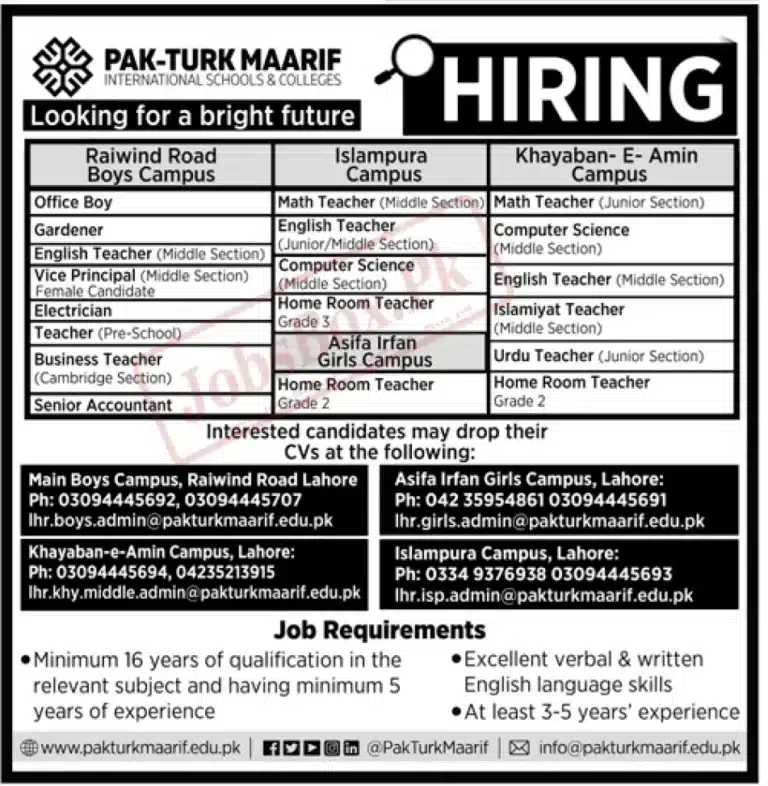 Pak Turk Maarif International School and Colleges Lahore jobs 2023