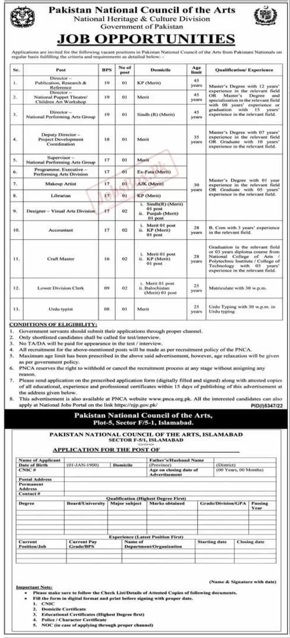 Pakistan National Council of Arts PNCA jobs 2023 1